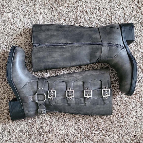 JustFab Dark Gray Combat Boots with Buckles - Picture 4 of 6